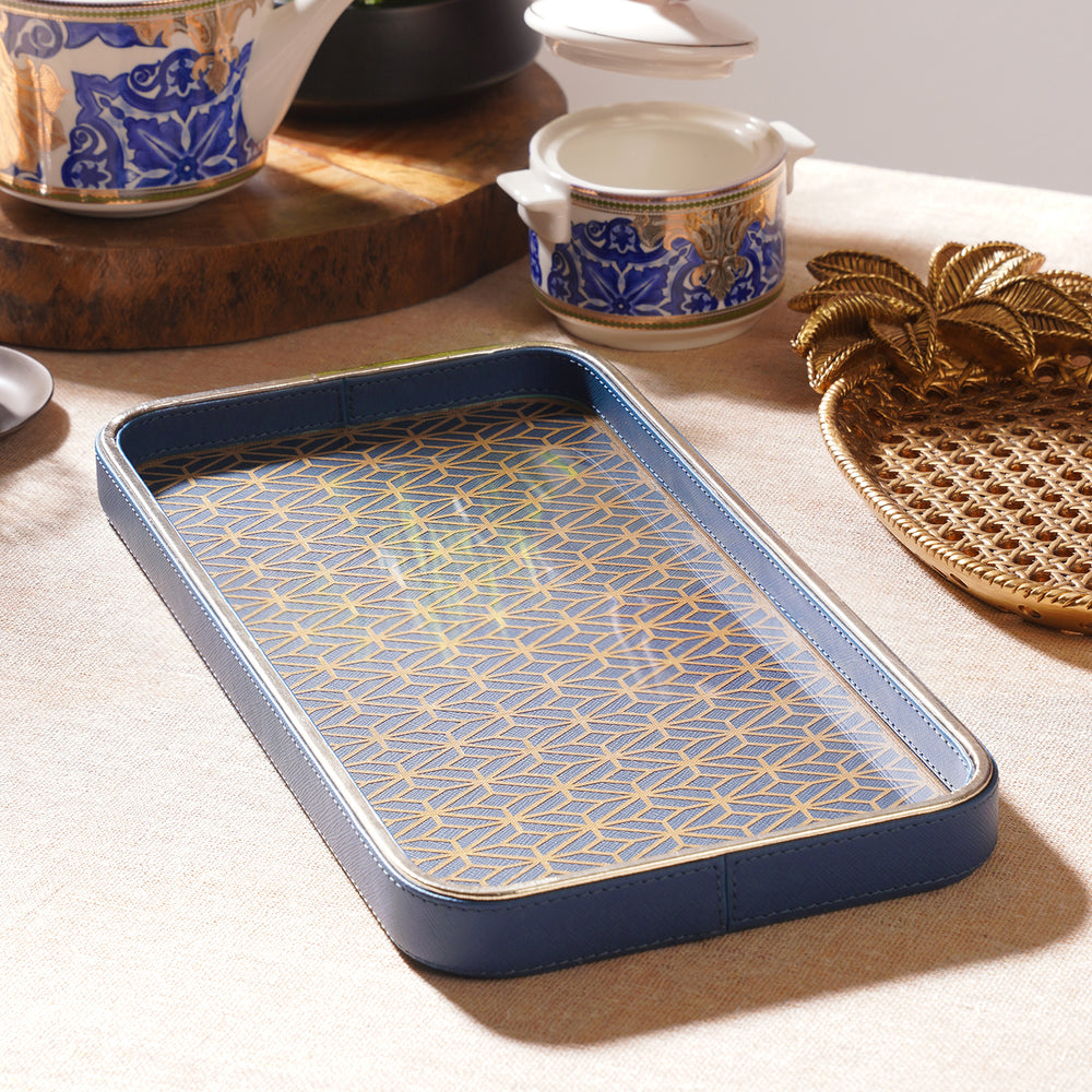 Blue Printed Glass Rectangle Faux Leather Platter - Small