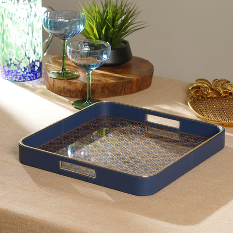 Blue Printed Glass Square Faux Leather Tray