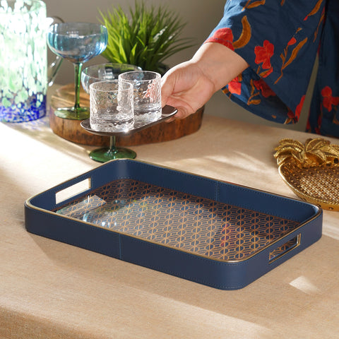 Blue Printed Glass Rectangle Faux Leather Tray