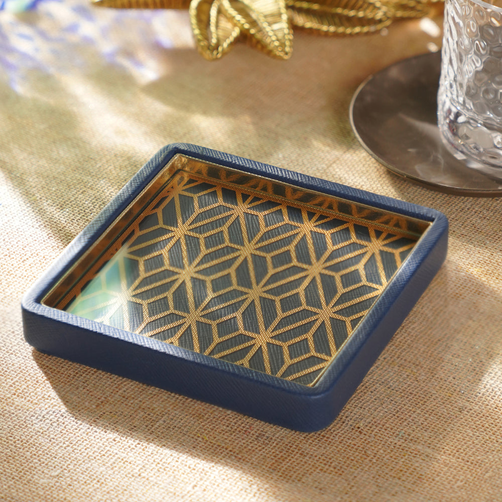 Blue Printed Glass Faux Leather Coaster