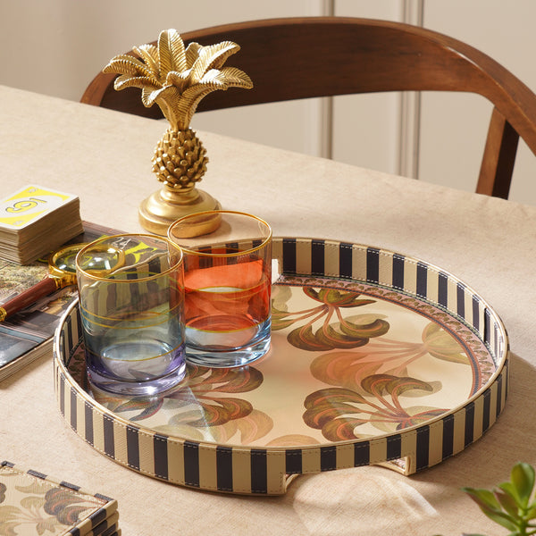 Blue Solene Faux Leather Round Serving Tray