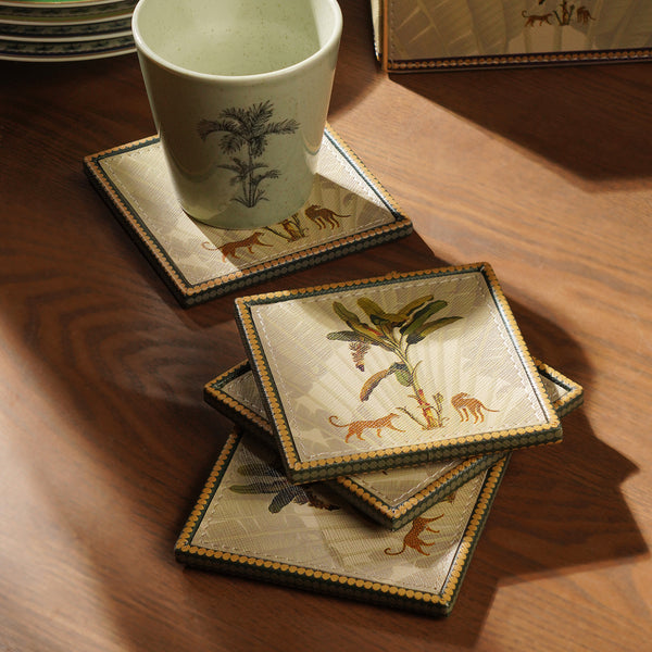 Set of 4 Beige Leopard Print Faux Leather Coasters