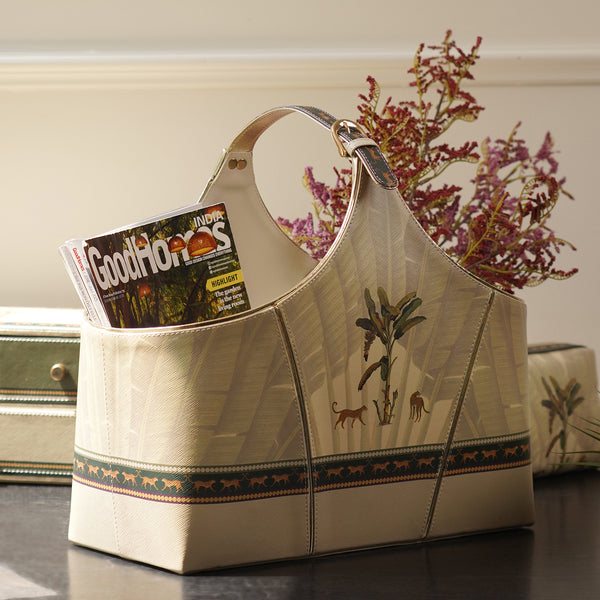 Beige Leopard Print Faux Leather Magazine Basket