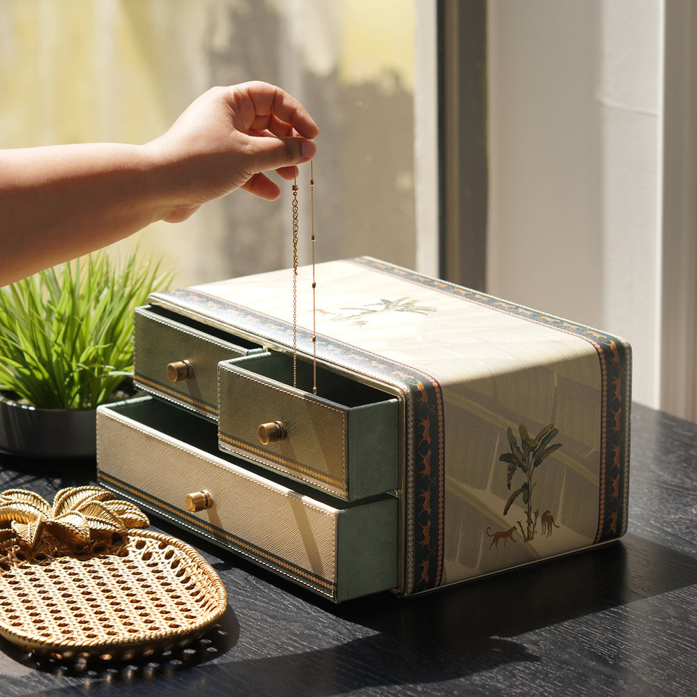 Beige Leopard Print Faux Leather Desk Organiser with Drawer