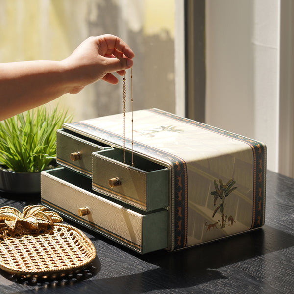 Beige Leopard Print Faux Leather Desk Organiser with Drawer