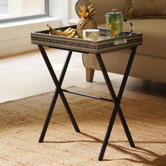 Beige Leopard Print Faux Leather Rectangle Butler Tray with Stand