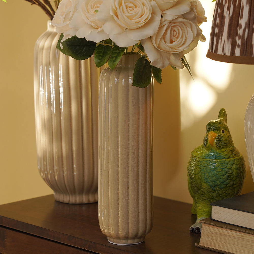 Beige Ribbed Ceramic Vase - Medium