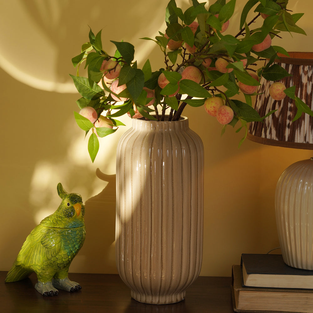 Beige Ribbed Ceramic Vase - Large