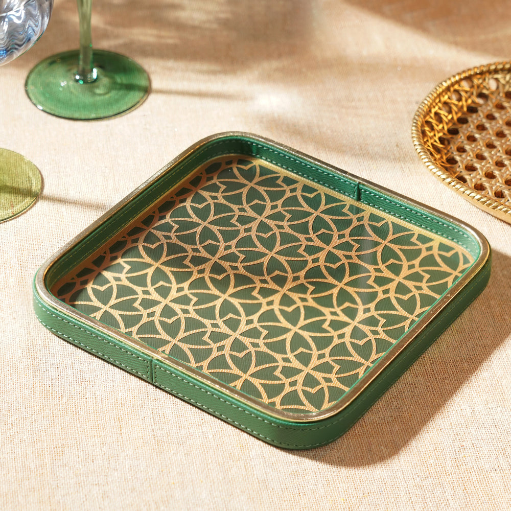 Green Printed Glass Faux Leather Platter - Small
