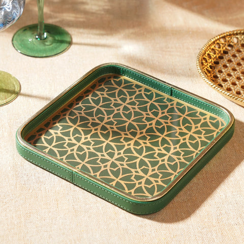 Green Printed Glass Faux Leather Platter - Small