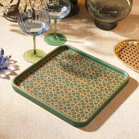 Green Printed Glass Faux Leather Platter - Large