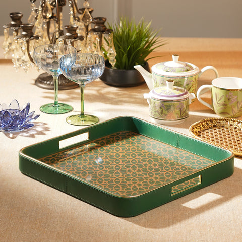 Green Printed Glass Square Faux Leather Tray