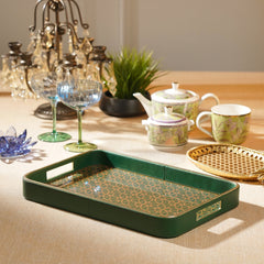 Green Printed Glass Rectangle Faux Leather Tray