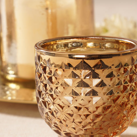 Set of 2 Gold Glass Diamond Tealight Holders - Small