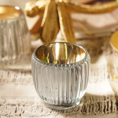Set of 2 Silver Ribbed Texture Tealight Holders