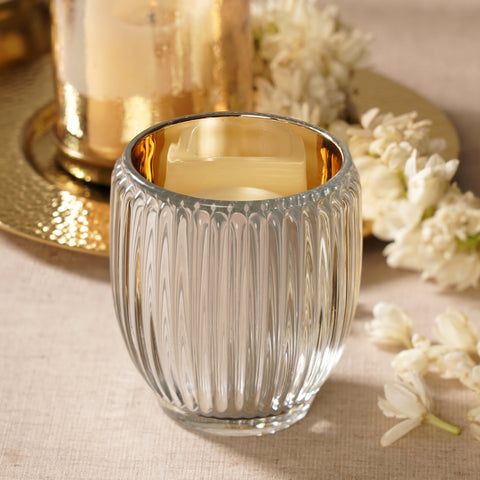 Set of 2 Silver Glass Ribbed Tealight Holders - Large