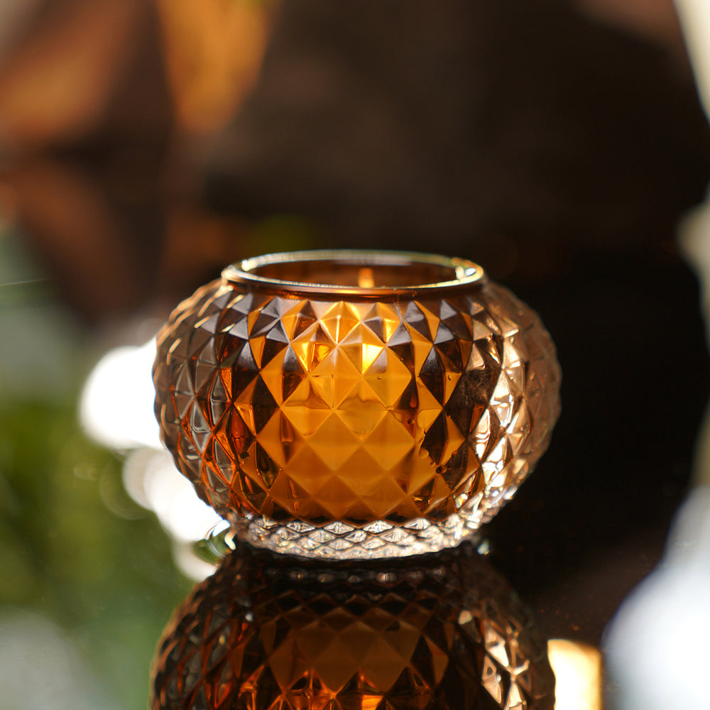 Set of 2 Dark Amber Textured Glass Tealight Holder
