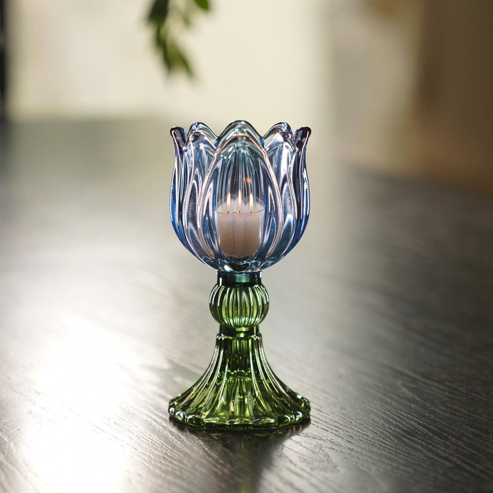 Set of 2 Blue Tulip Shaped Tealight Holder