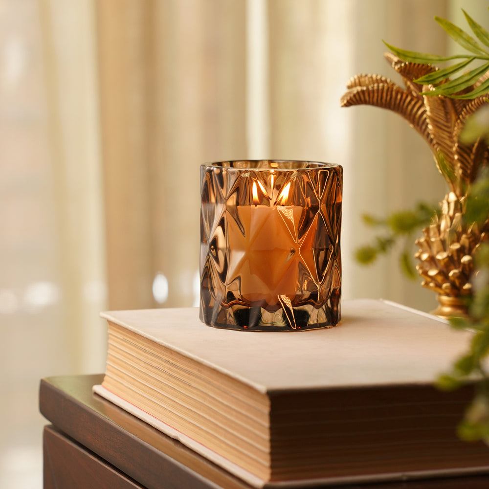 Set of 2 Dark Amber Diamond Cut Glass Tealight Holder