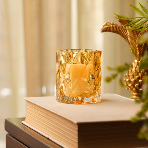 Set of 2 Amber Diamond Cut Glass Glass Tealight Holder