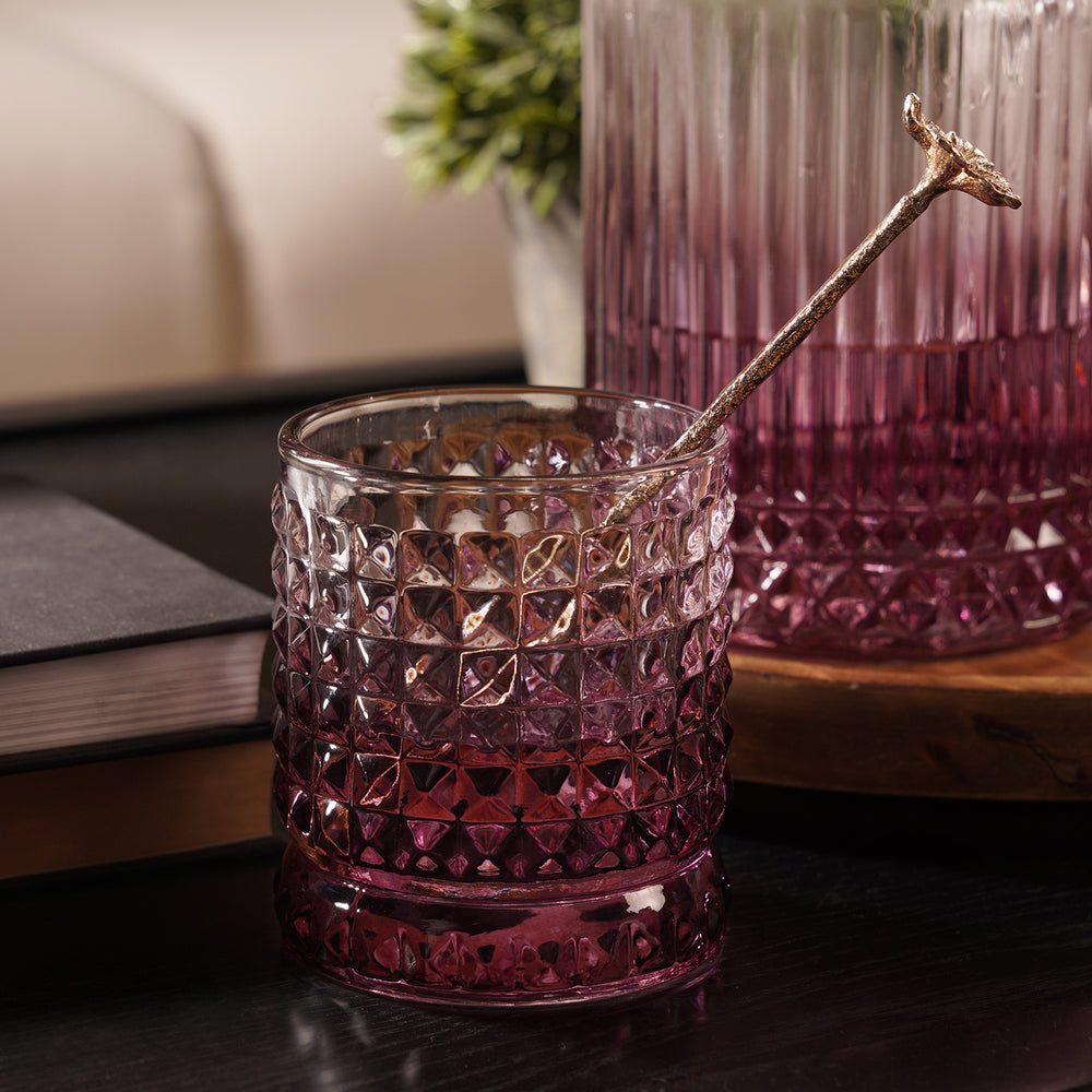 Set of 2 Pink Ombre Ribbed Glass Whiskey Glass