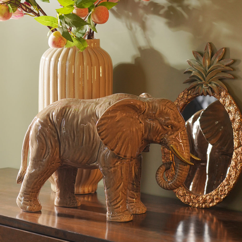Beige Polyresin Walking Elephant with Gold Tusks - Large