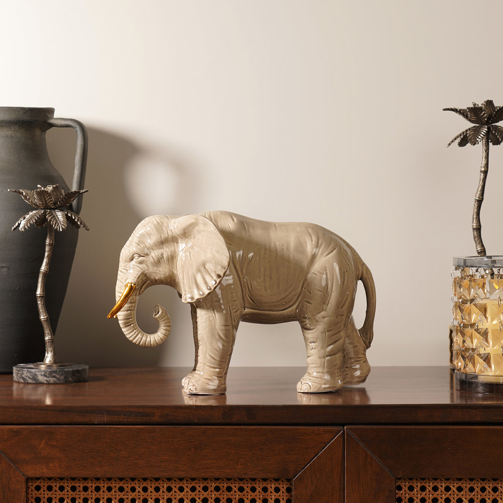 Beige Polyresin Walking Elephant with Gold Tusks - Small
