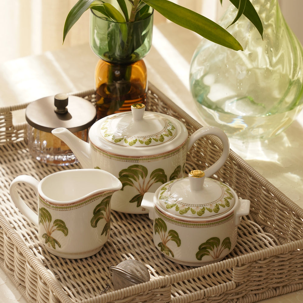 Set of 3 Ivory Printed Soleno Bone China Tea Set