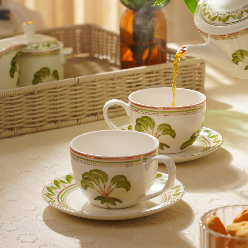 Set of 2 Ivory Printed Soleno Bone China Tea Cup and Saucer
