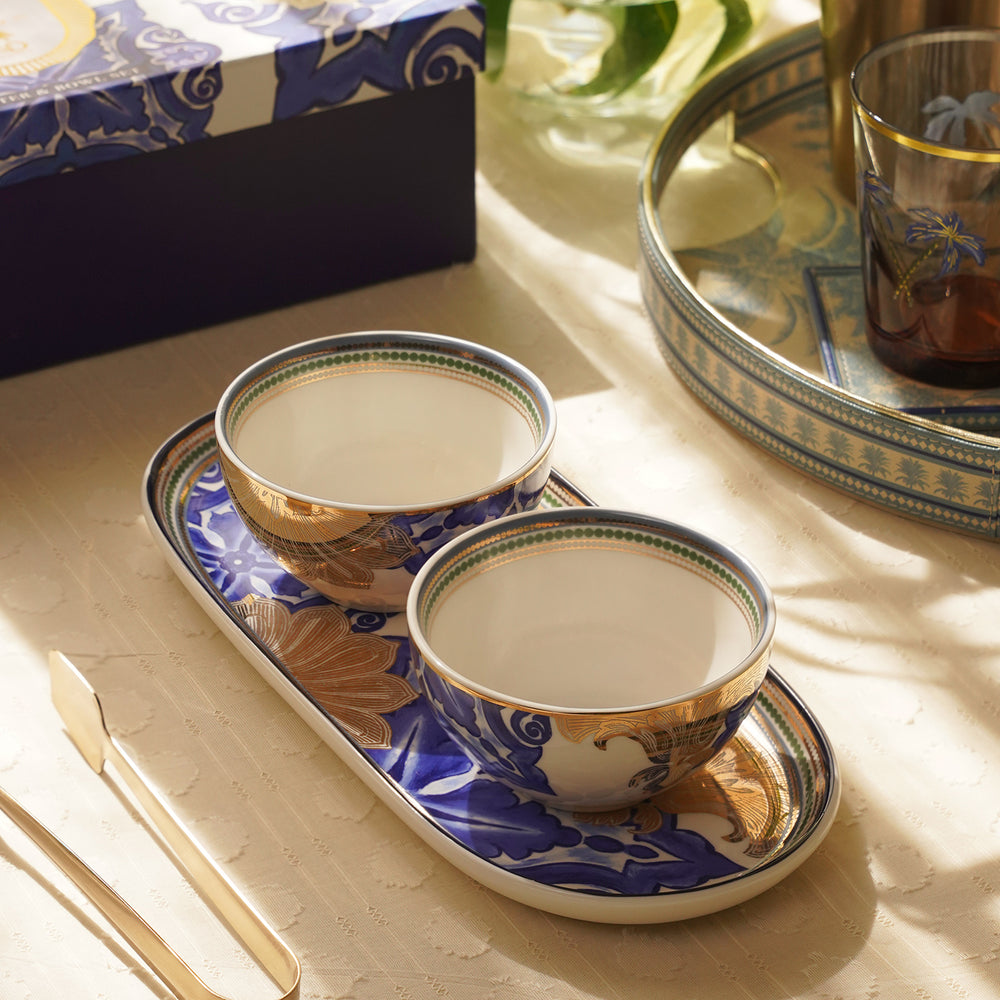 Set of 3 Blue Printed Amalfi Bone China Platter with Bowls