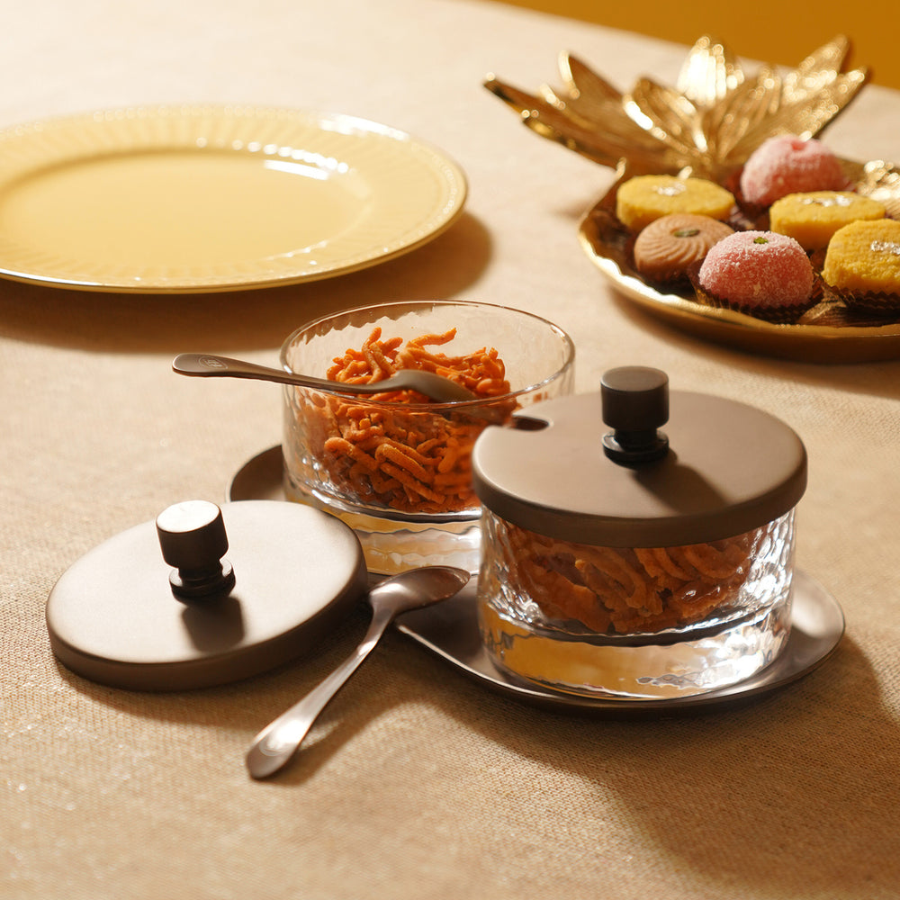 Set of 2 Clear Hammered Condiment Jars with Spoons & Tray - Medium