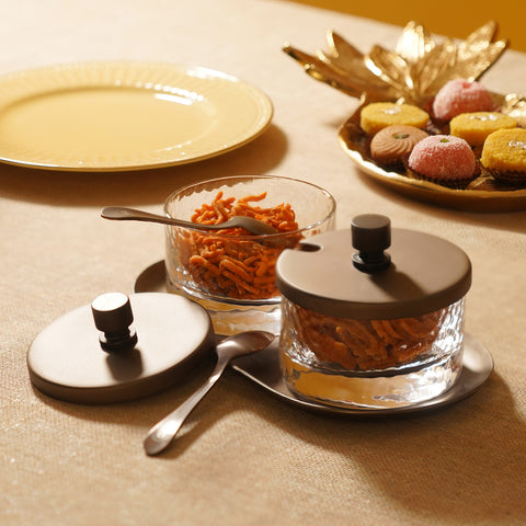 Set of 2 Clear Hammered Condiment Jars with Spoons & Tray - Medium