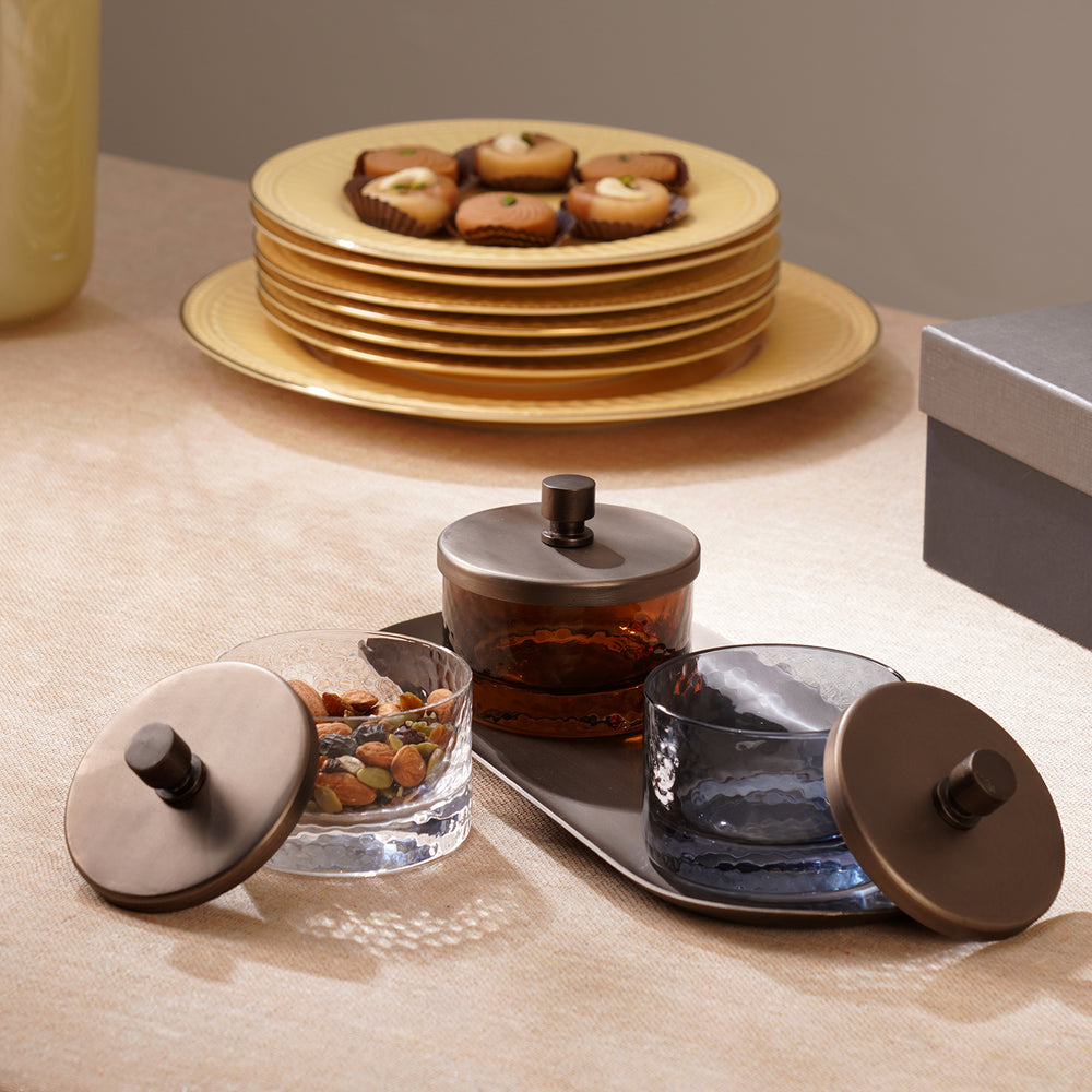 Set of 3 Amber, Grey & Clear Hammered Condiment Jars - Medium