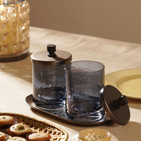 Set of 2 Grey Hammered Condiment Jars with Tray - Large