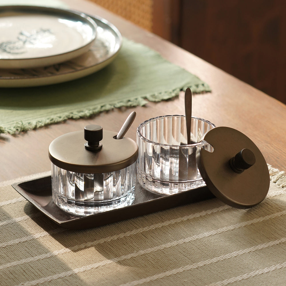 Set of 2 Clear Bronze Ribbed Condiment Jars with Spoons and Tray - Medium
