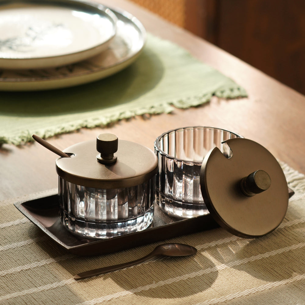 Set of 2 Grey Bronze Ribbed Condiment Jars with Spoons and Tray - Medium
