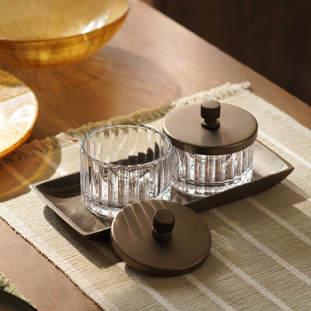 Set of 2 Clear Bronze Ribbed Condiment Jars and Tray - Medium