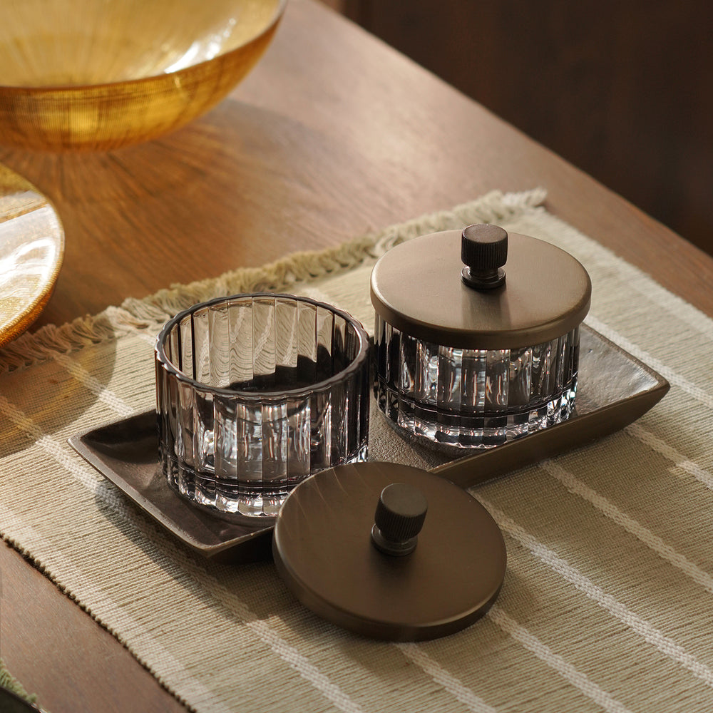 Set of 2 Grey Bronze Ribbed Condiment Jars with Tray - Medium