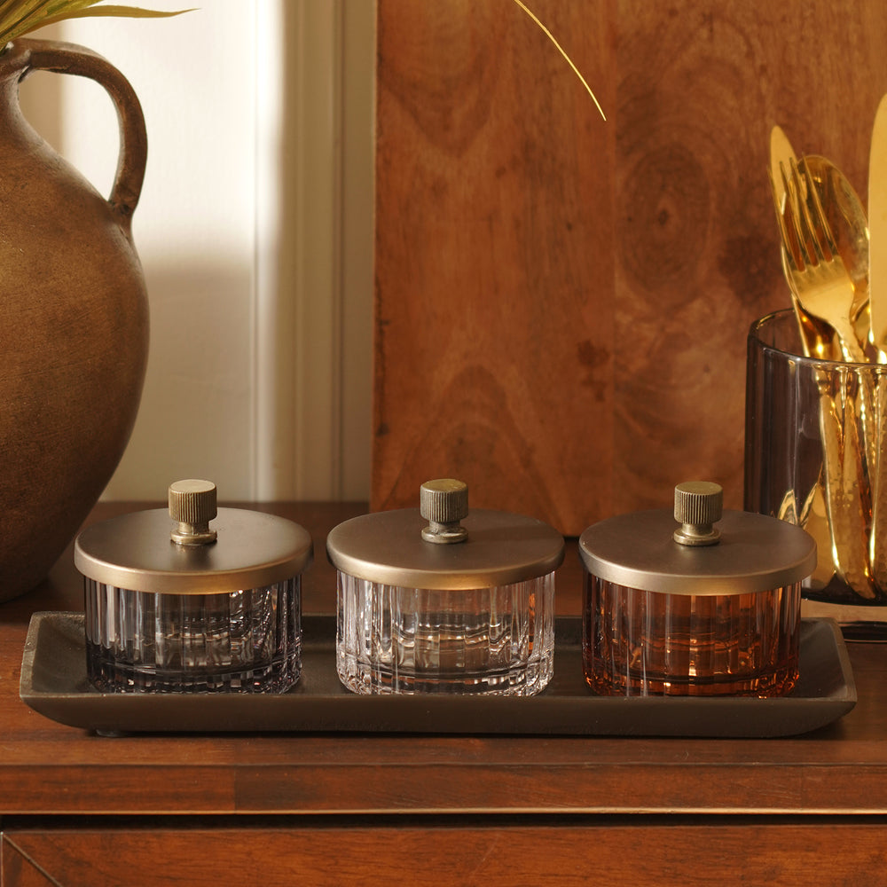 Set of 3 Matte Bronze Ribbed Condiment Jars with Tray - Medium