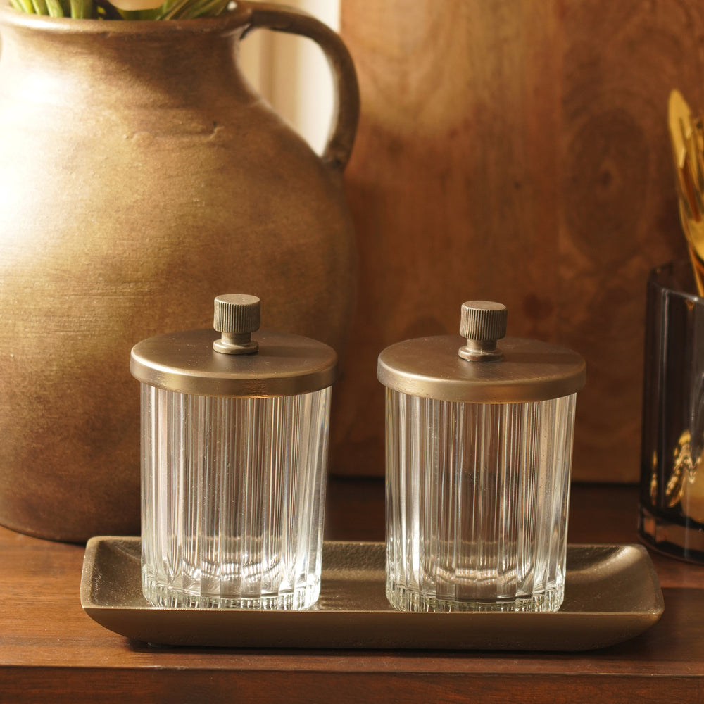 Set of 2 Clear Bronze Ribbed Condiment Jars with Tray - Large