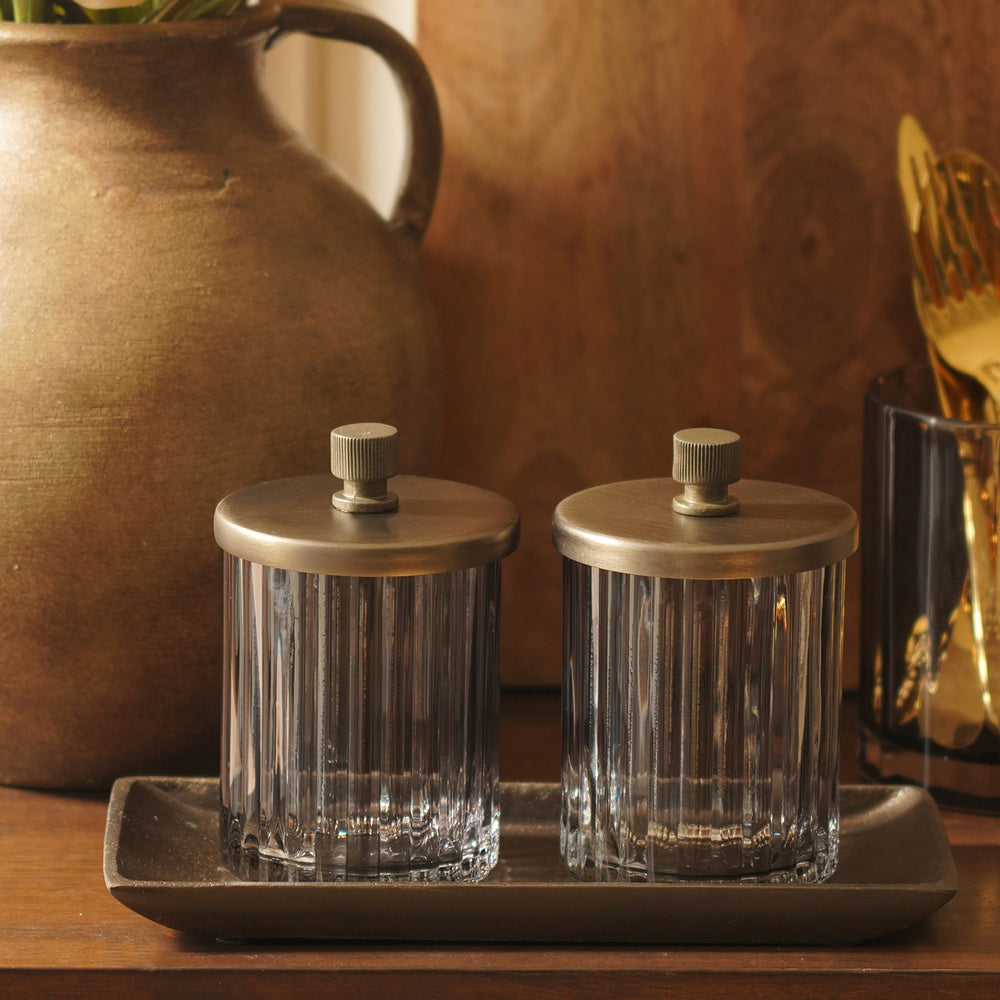 Set of 2 Grey Bronze Ribbed Condiment Jars with Tray - Large
