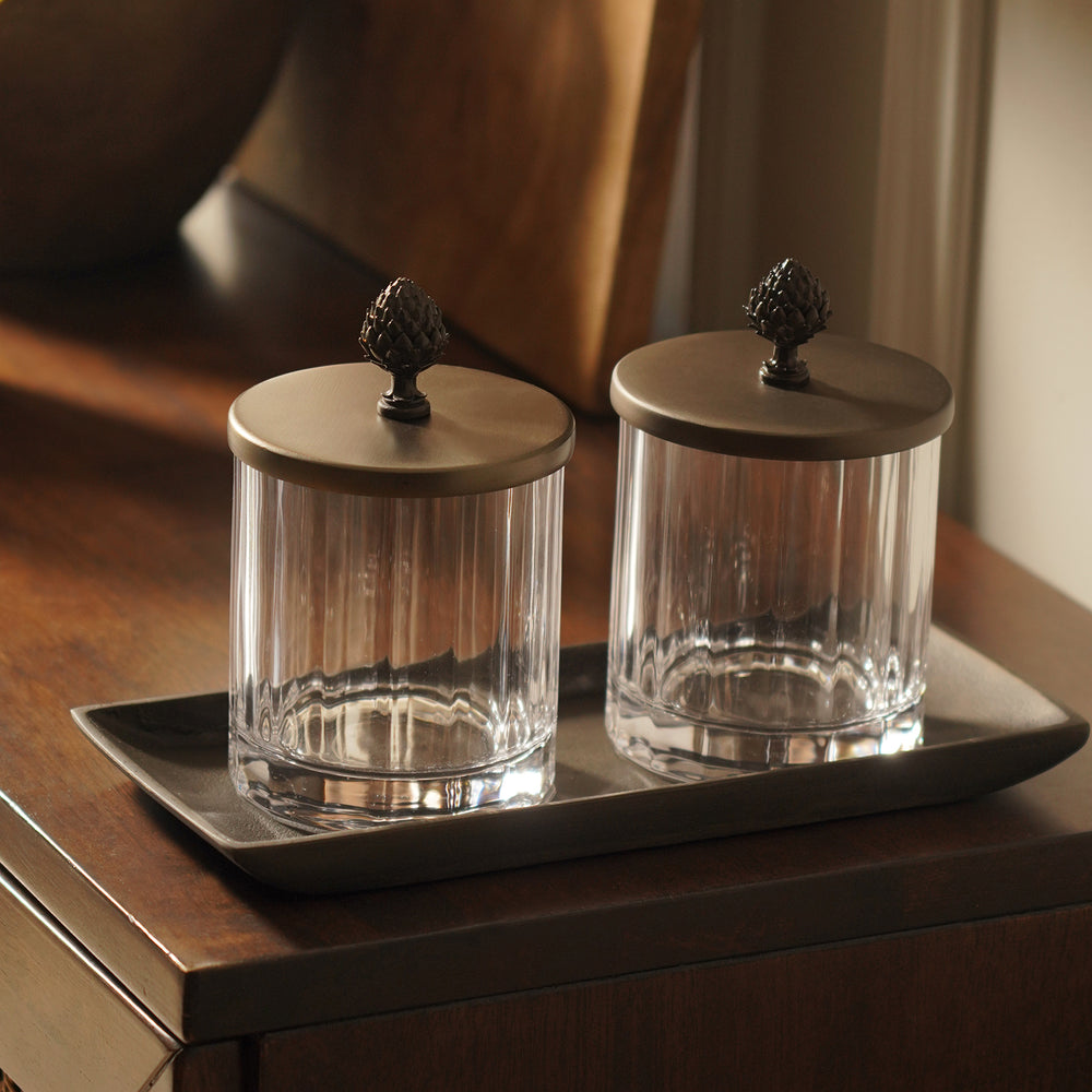 Set of 2 Clear Gold Condiment Jars with Tray