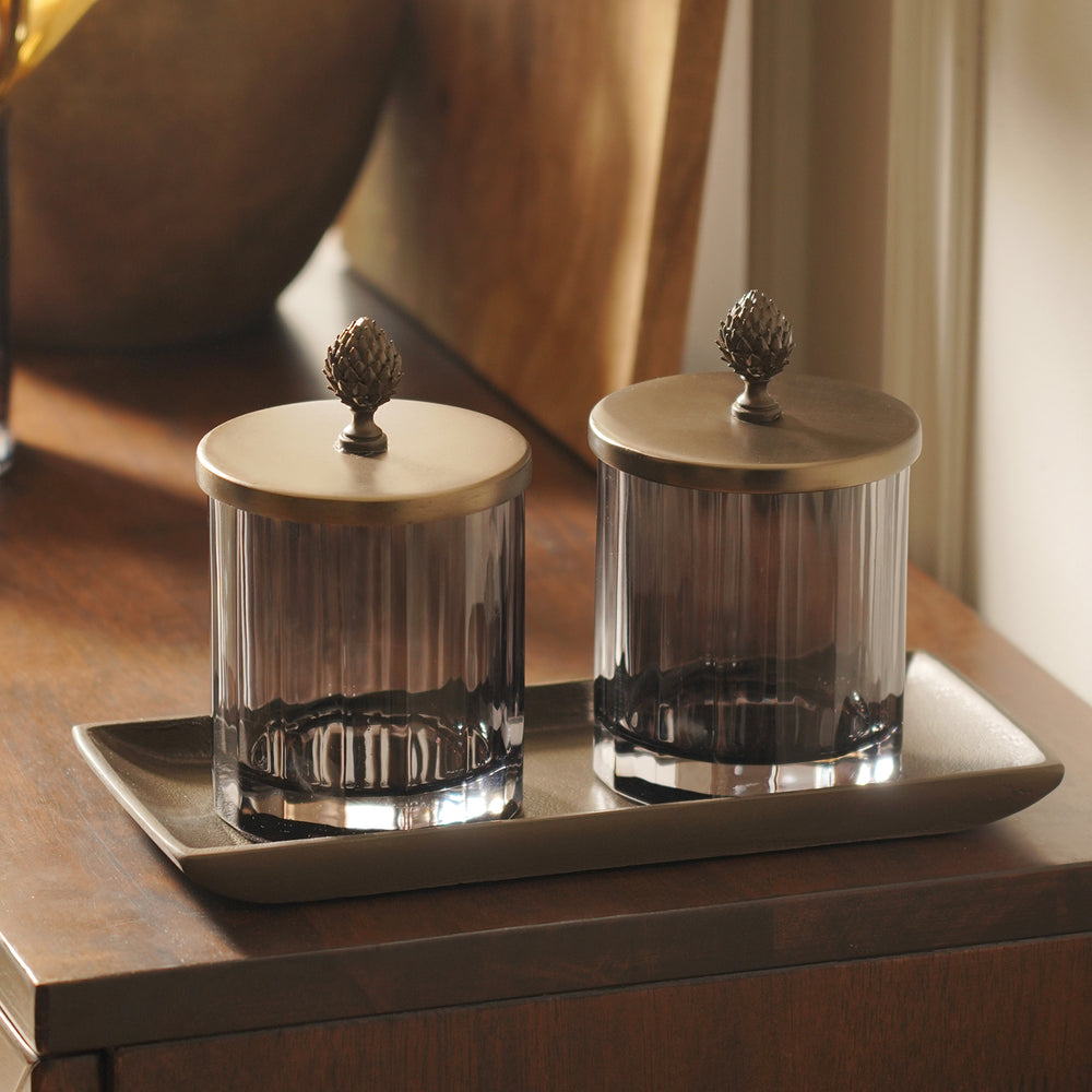 Set of 2 Grey Nickel Condiment Jars with Tray