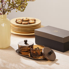 Set of 2 Amber Hammered Condiment Jars with Tray - Medium