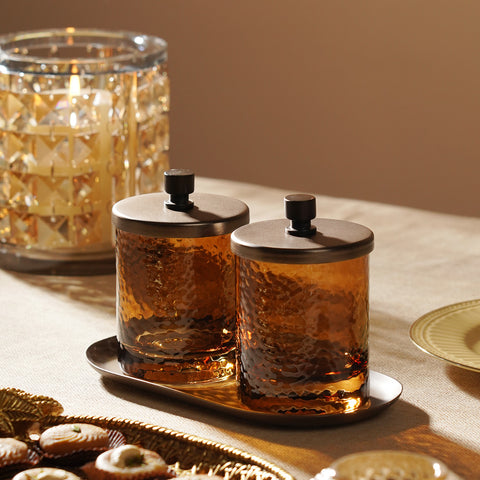 Set of 2 Amber Hammered Condiment Jars with Tray - Large