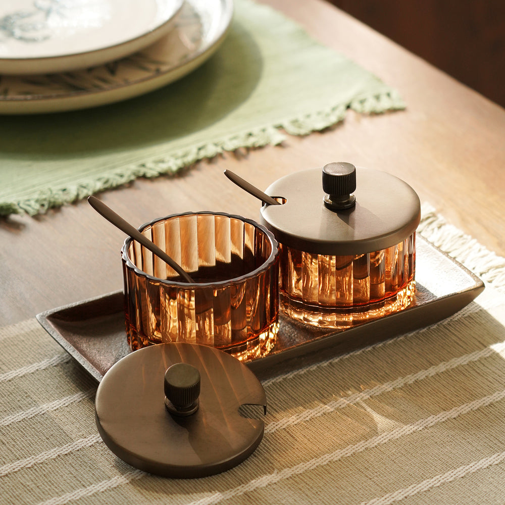 Set of 2 Amber Bronze Ribbed Condiment Jars with Spoons and Tray - Medium