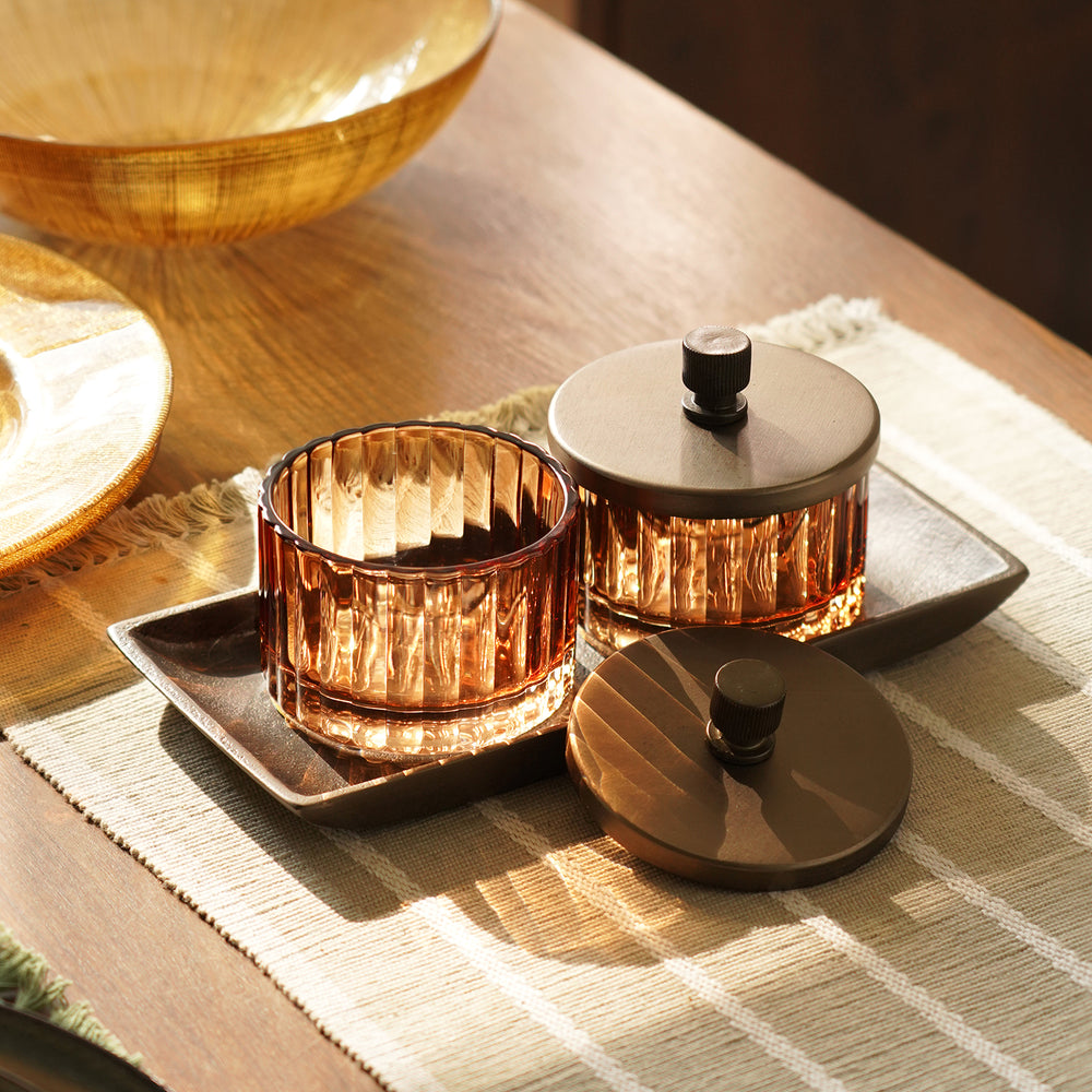 Set of 2 Amber Bronze Ribbed Condiment Jars with Tray - Medium