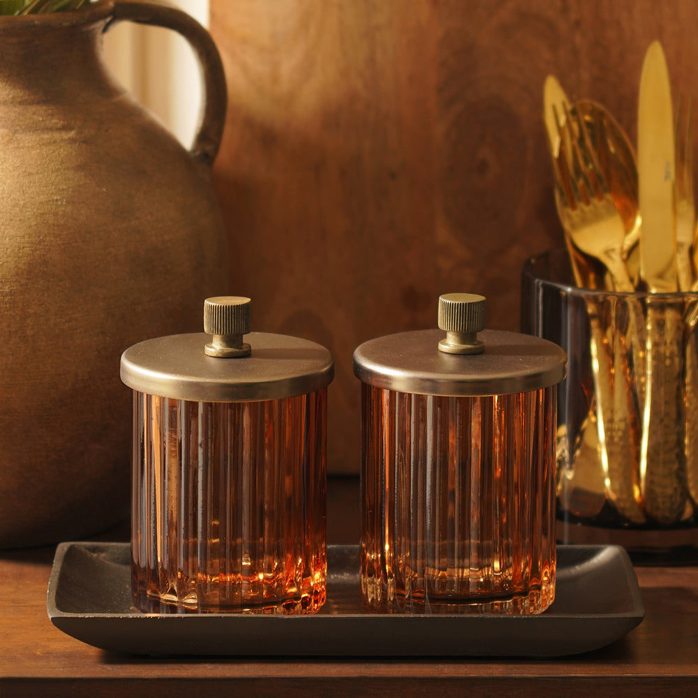 Set of 2 Amber Bronze Ribbed Condiment Jars with Tray- Large