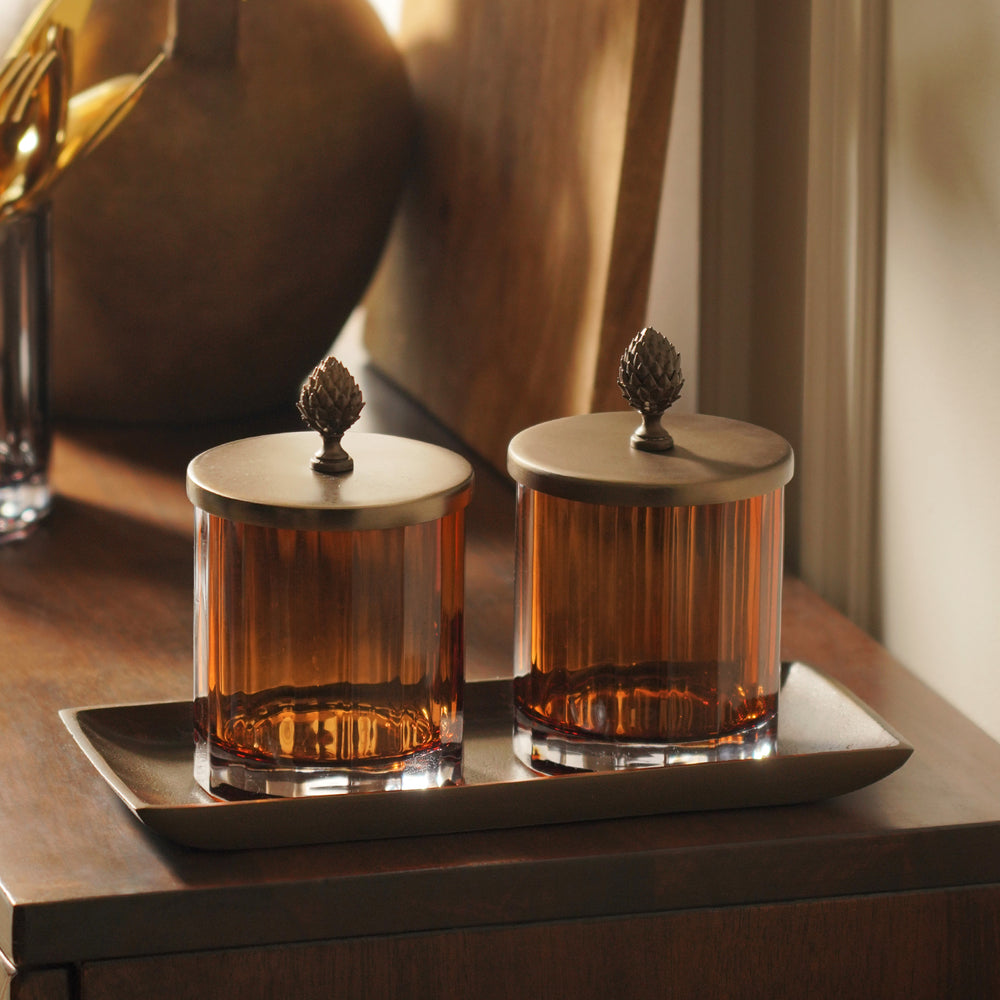 Set of 2 Amber Bronze Condiment Jars with Tray