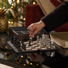 Brown Cream Faux Leather & Metal Chess Set